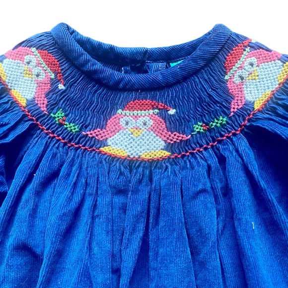 Blue Soft Corduroy Christmas Holly Penguin Santa Smock Dress 9 Month - Picture 8 of 11